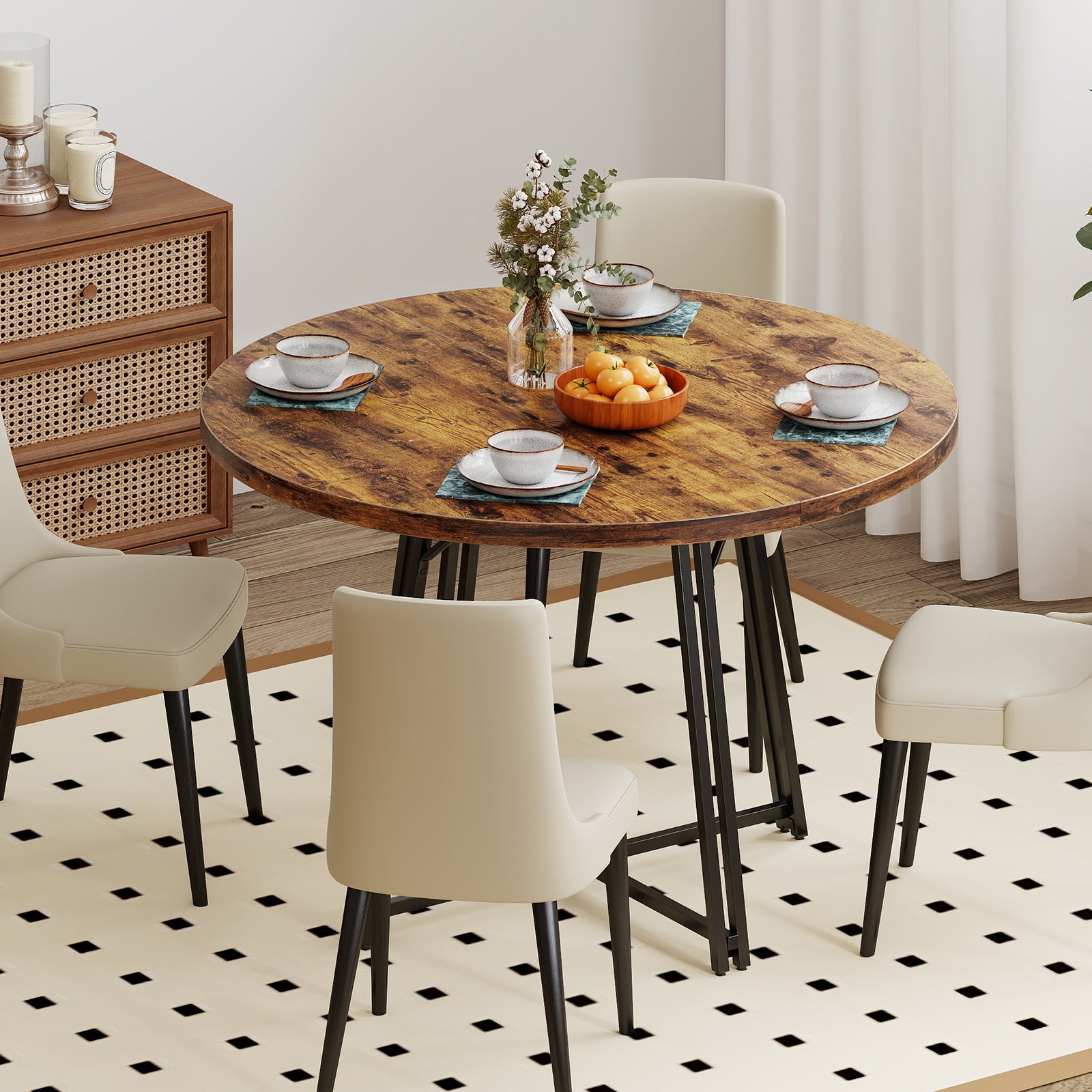 47 Inch Dining Table for 4-6 People Round Kitchen Table with Cross Base, Rustic Brown Dining Tables at Gallery Canada