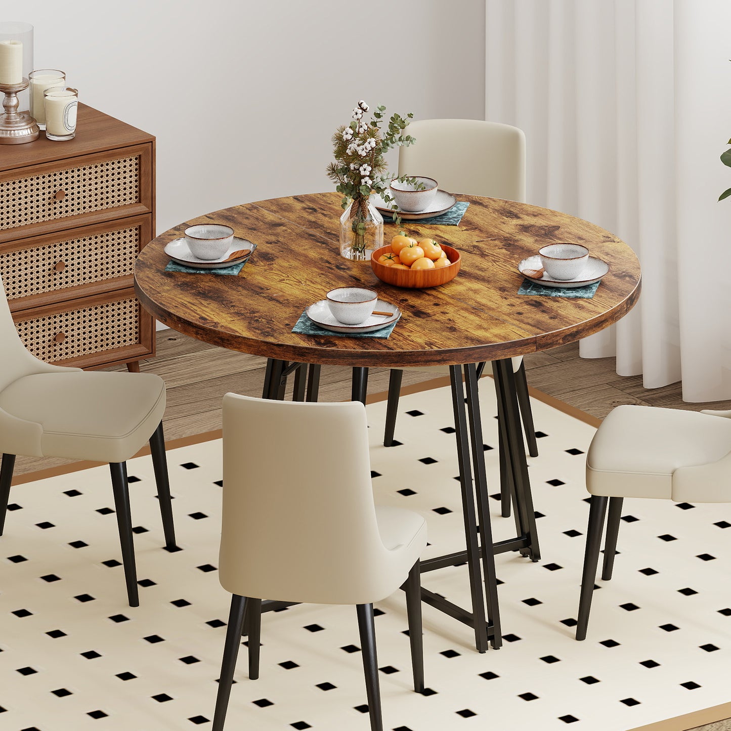 47 Inch Dining Table for 4-6 People Round Kitchen Table with Cross Base, Rustic Brown Dining Tables at Gallery Canada