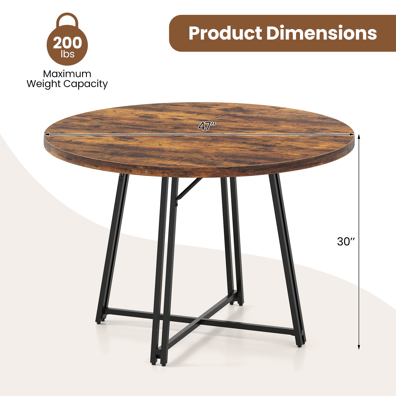 47 Inch Dining Table for 4-6 People Round Kitchen Table with Cross Base, Rustic Brown Dining Tables at Gallery Canada