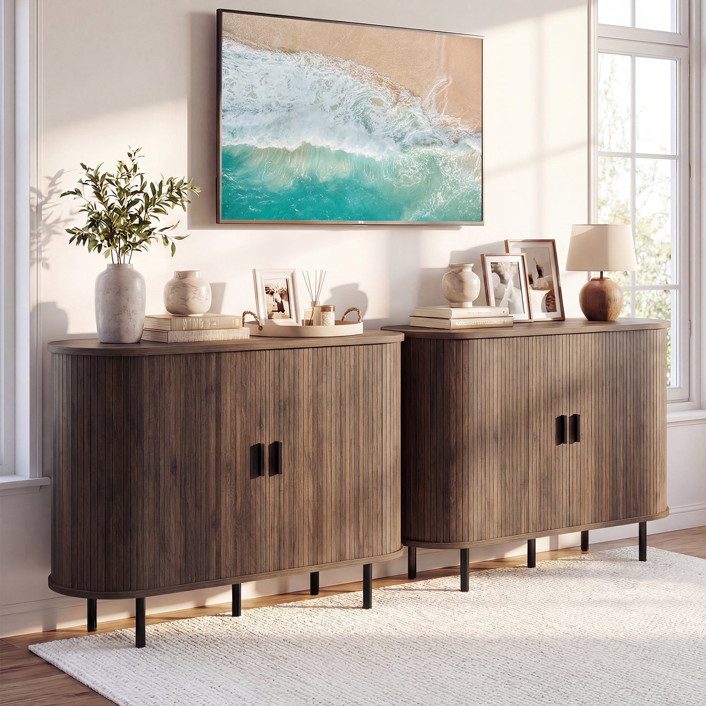 47 Inch Fluted Sideboard Buffet Cabinet, Tambour Sliding Doors, Walnut Sideboards Cabinets & Buffets at Gallery Canada