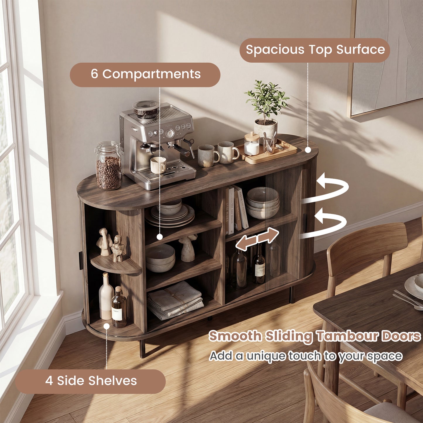 47 Inch Fluted Sideboard Buffet Cabinet, Tambour Sliding Doors, Walnut Sideboards Cabinets & Buffets at Gallery Canada