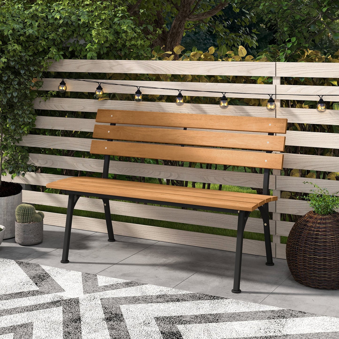 47 Inch Outdoor Acacia Wood Bench with Metal Frame and Slatted Seat Outdoor Benches at Gallery Canada