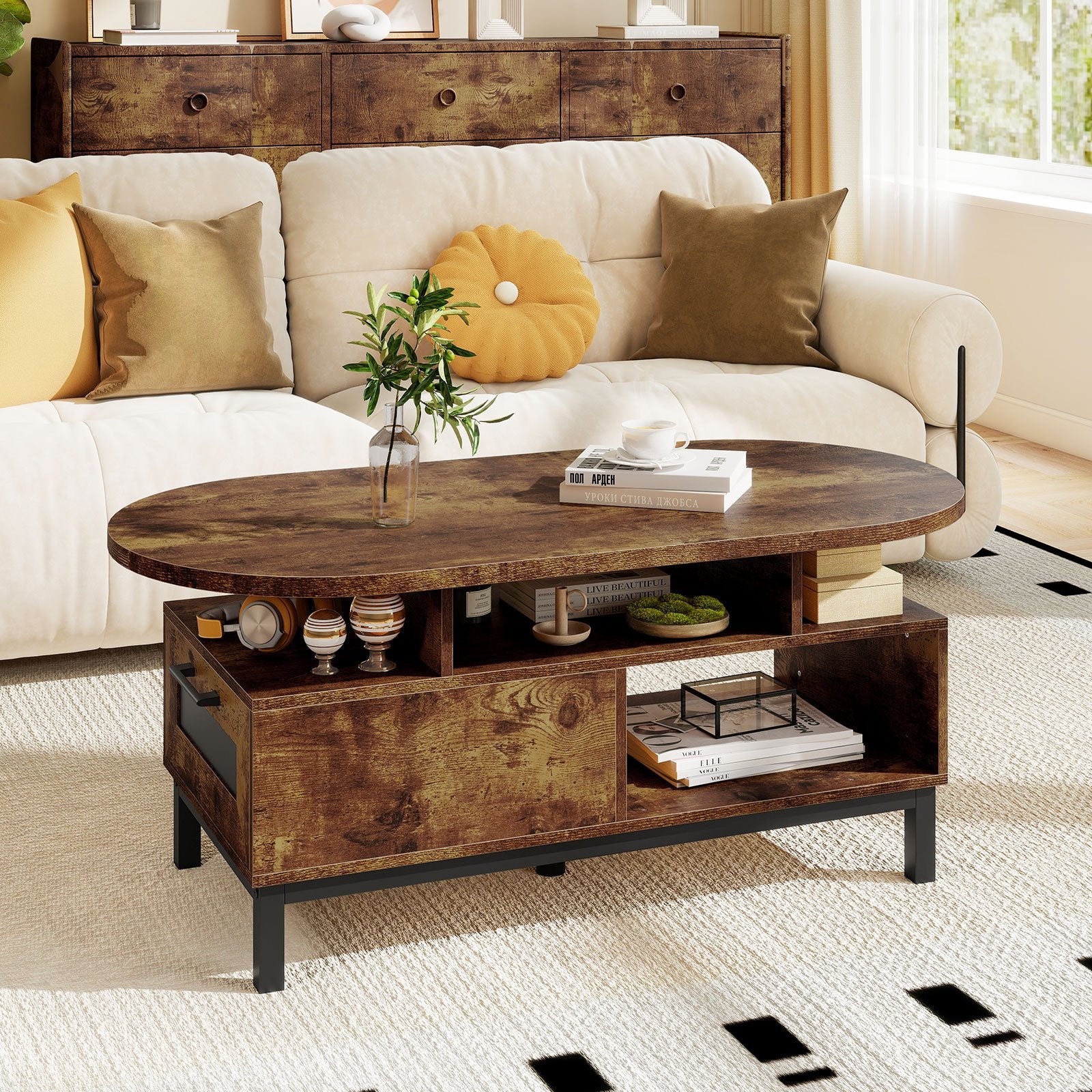 47 Inch Oval Coffee Table with Storage and Open Compartments for Living Room, Rustic Brown Coffee Tables at Gallery Canada