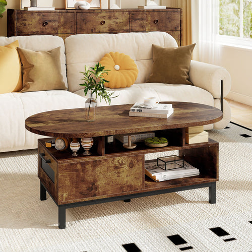 47 Inch Oval Coffee Table, Storage, Open Compartments, Rustic Brown