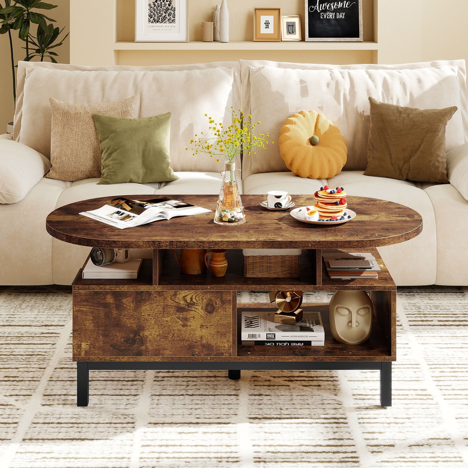 47 Inch Oval Coffee Table with Storage and Open Compartments for Living Room, Rustic Brown Coffee Tables at Gallery Canada