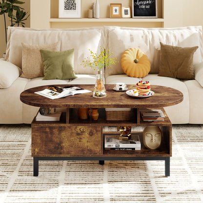 47 Inch Oval Coffee Table with Storage and Open Compartments for Living Room, Rustic Brown Coffee Tables at Gallery Canada