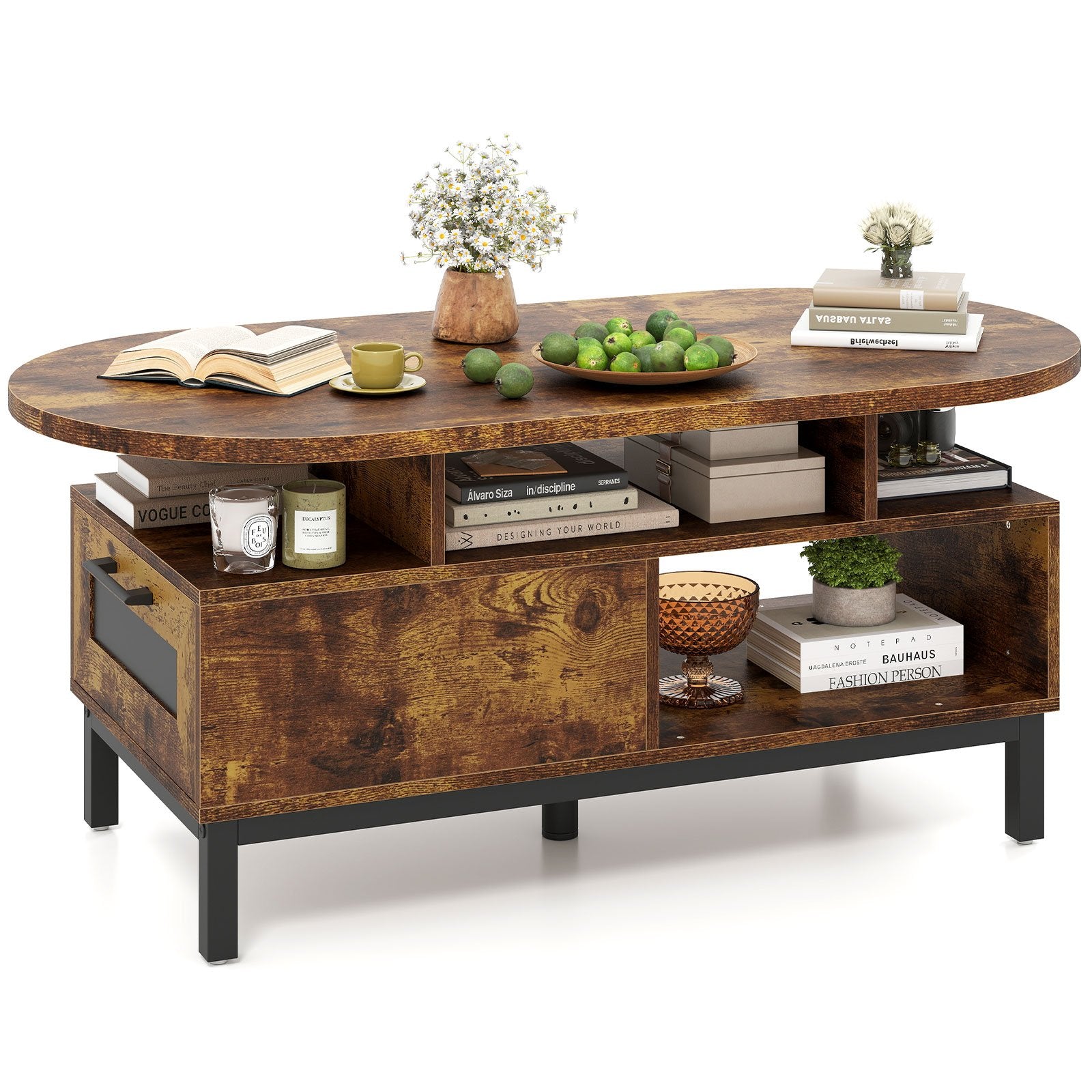 47 Inch Oval Coffee Table with Storage and Open Compartments for Living Room, Rustic Brown Coffee Tables at Gallery Canada