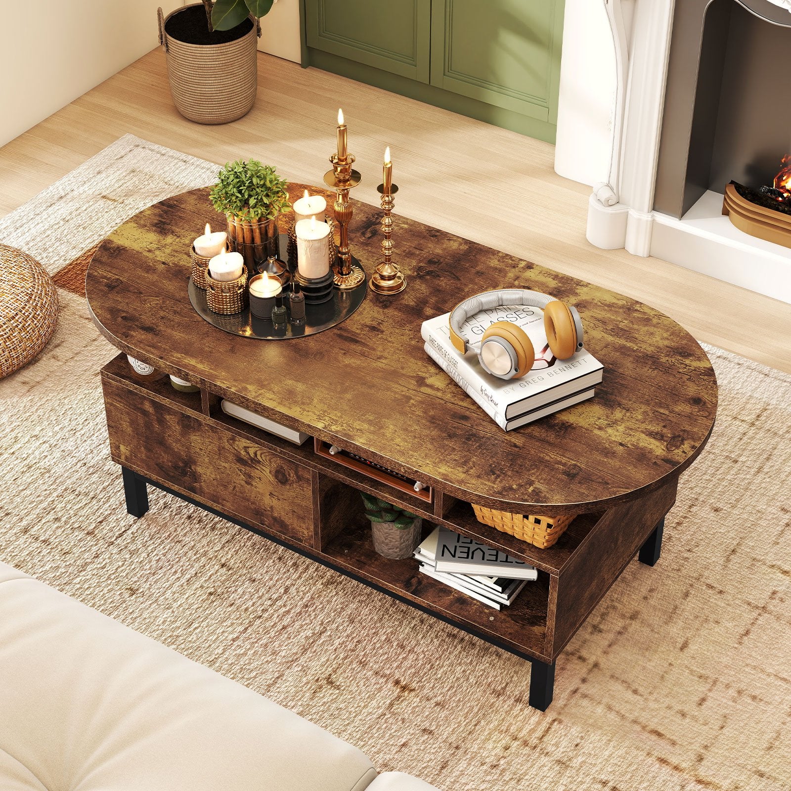 47 Inch Oval Coffee Table with Storage and Open Compartments for Living Room, Rustic Brown Coffee Tables at Gallery Canada