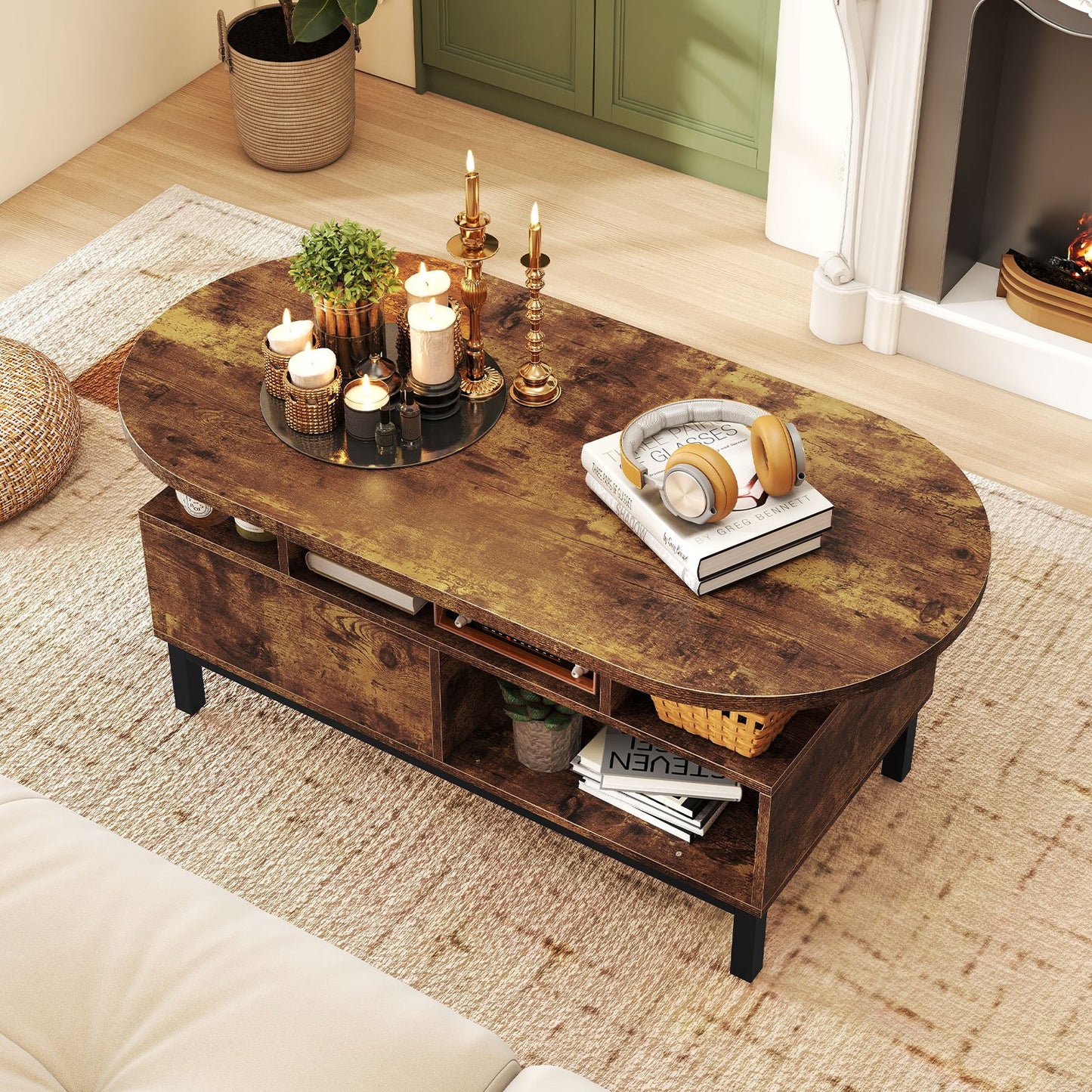 47 Inch Oval Coffee Table with Storage and Open Compartments for Living Room, Rustic Brown Coffee Tables at Gallery Canada