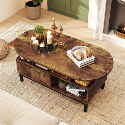 47 Inch Oval Coffee Table with Storage and Open Compartments for Living Room, Rustic Brown Coffee Tables at Gallery Canada