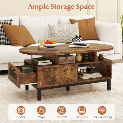 47 Inch Oval Coffee Table with Storage and Open Compartments for Living Room, Rustic Brown Coffee Tables at Gallery Canada