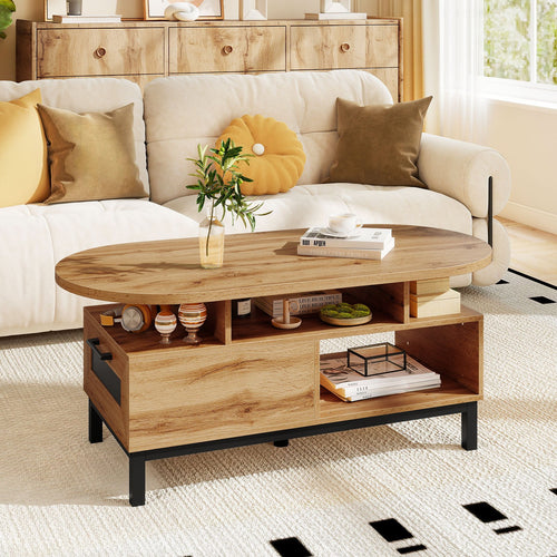 47 Inch Oval Coffee Table, Storage, Open Compartments, Living Room, Natural