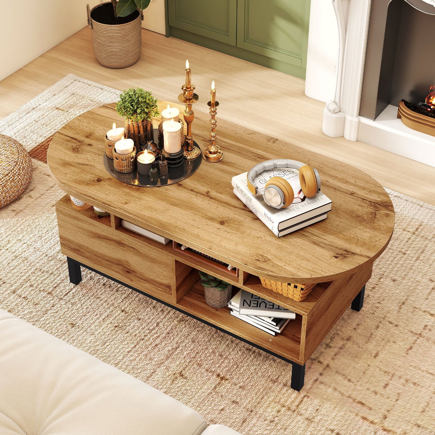 47 Inch Oval Coffee Table with Storage and Open Compartments for Living Room, Natural Coffee Tables at Gallery Canada