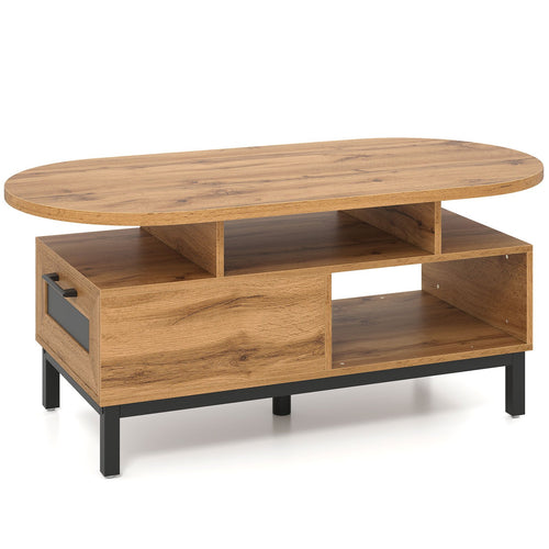 47 Inch Oval Coffee Table, Storage, Open Compartments, Living Room, Natural