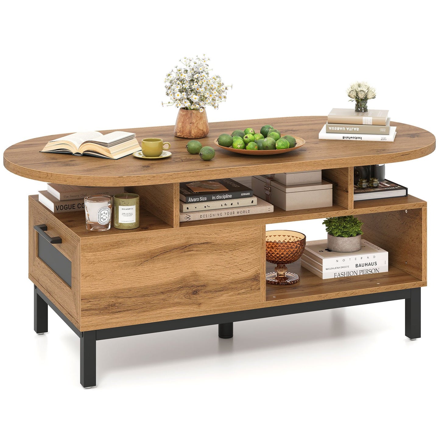 47 Inch Oval Coffee Table with Storage and Open Compartments for Living Room, Natural Coffee Tables at Gallery Canada