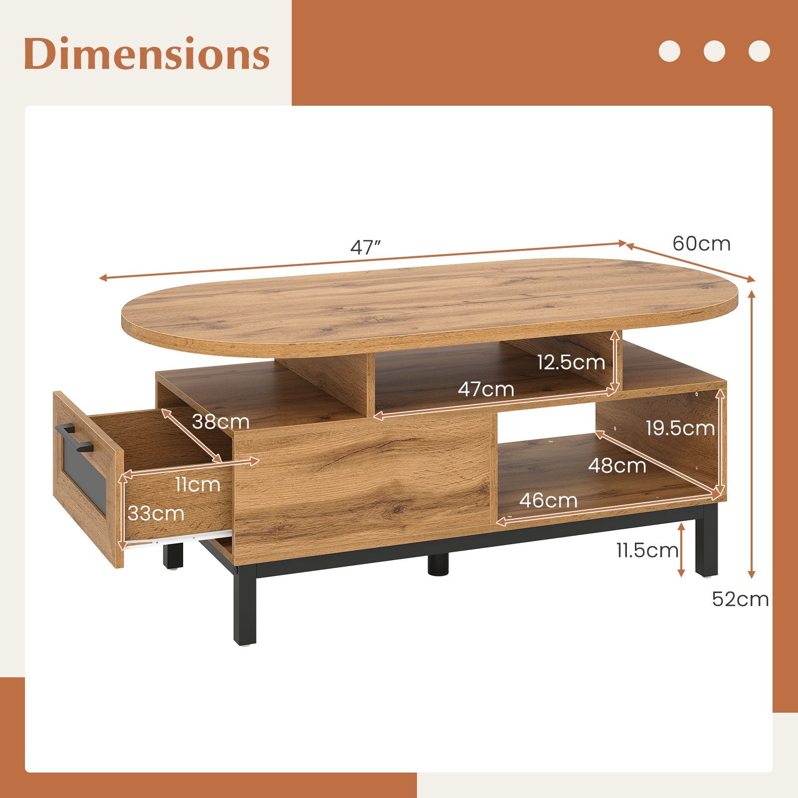 47 Inch Oval Coffee Table with Storage and Open Compartments for Living Room, Natural Coffee Tables at Gallery Canada