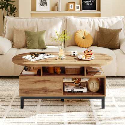 47 Inch Oval Coffee Table with Storage and Open Compartments for Living Room, Natural Coffee Tables at Gallery Canada
