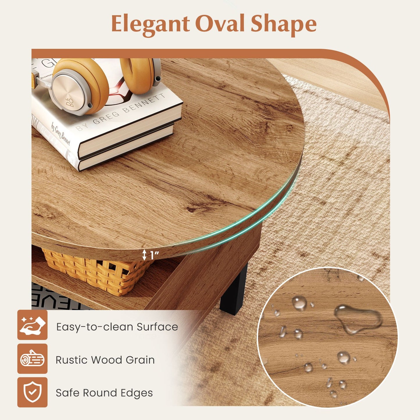 47 Inch Oval Coffee Table with Storage and Open Compartments for Living Room, Natural Coffee Tables at Gallery Canada