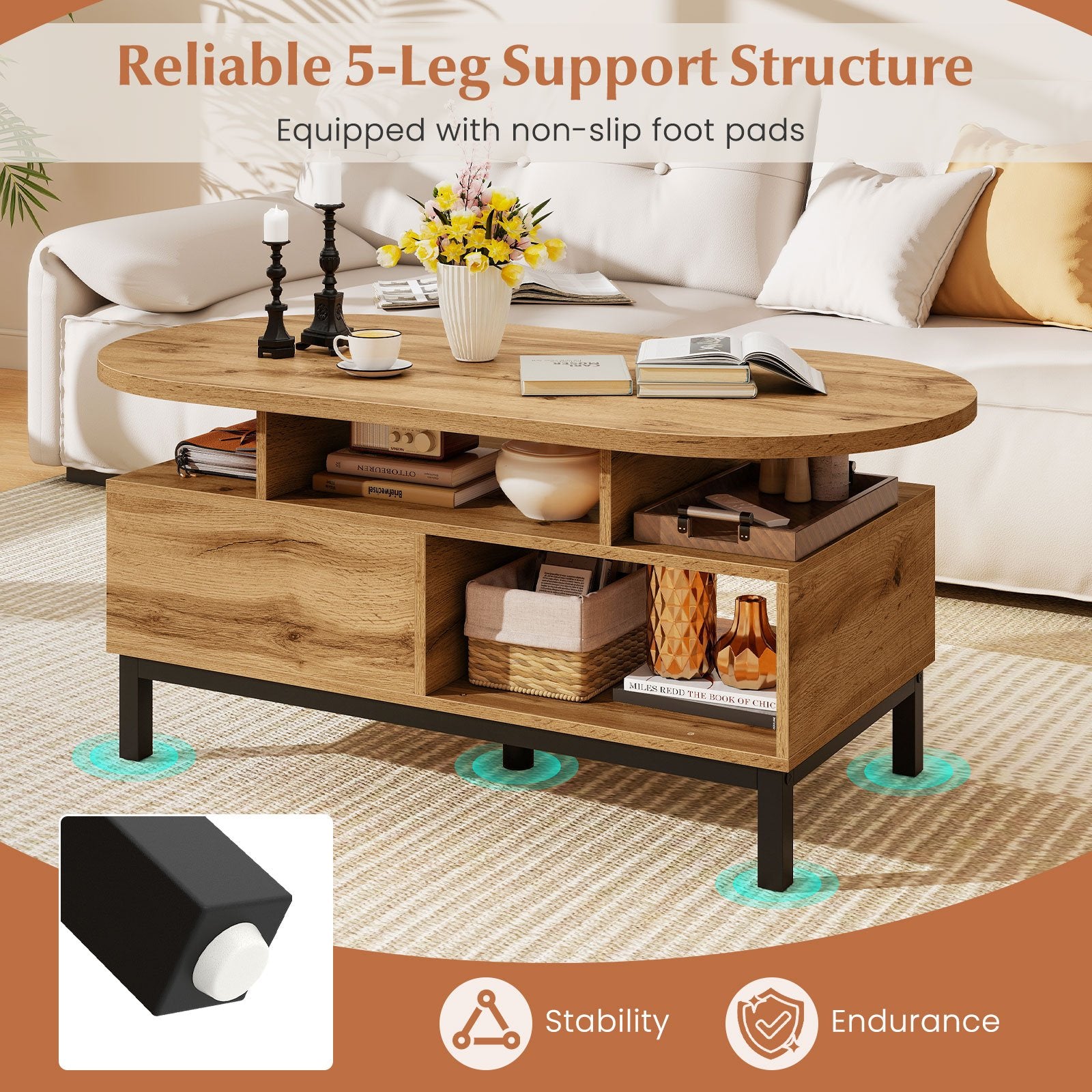 47 Inch Oval Coffee Table with Storage and Open Compartments for Living Room, Natural Coffee Tables at Gallery Canada