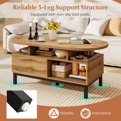 47 Inch Oval Coffee Table with Storage and Open Compartments for Living Room, Natural Coffee Tables at Gallery Canada
