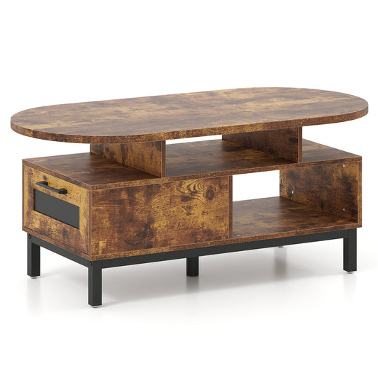 47 Inch Oval Coffee Table, Storage, Open Compartments, Rustic Brown Coffee Tables Rustic Brown at Gallery Canada