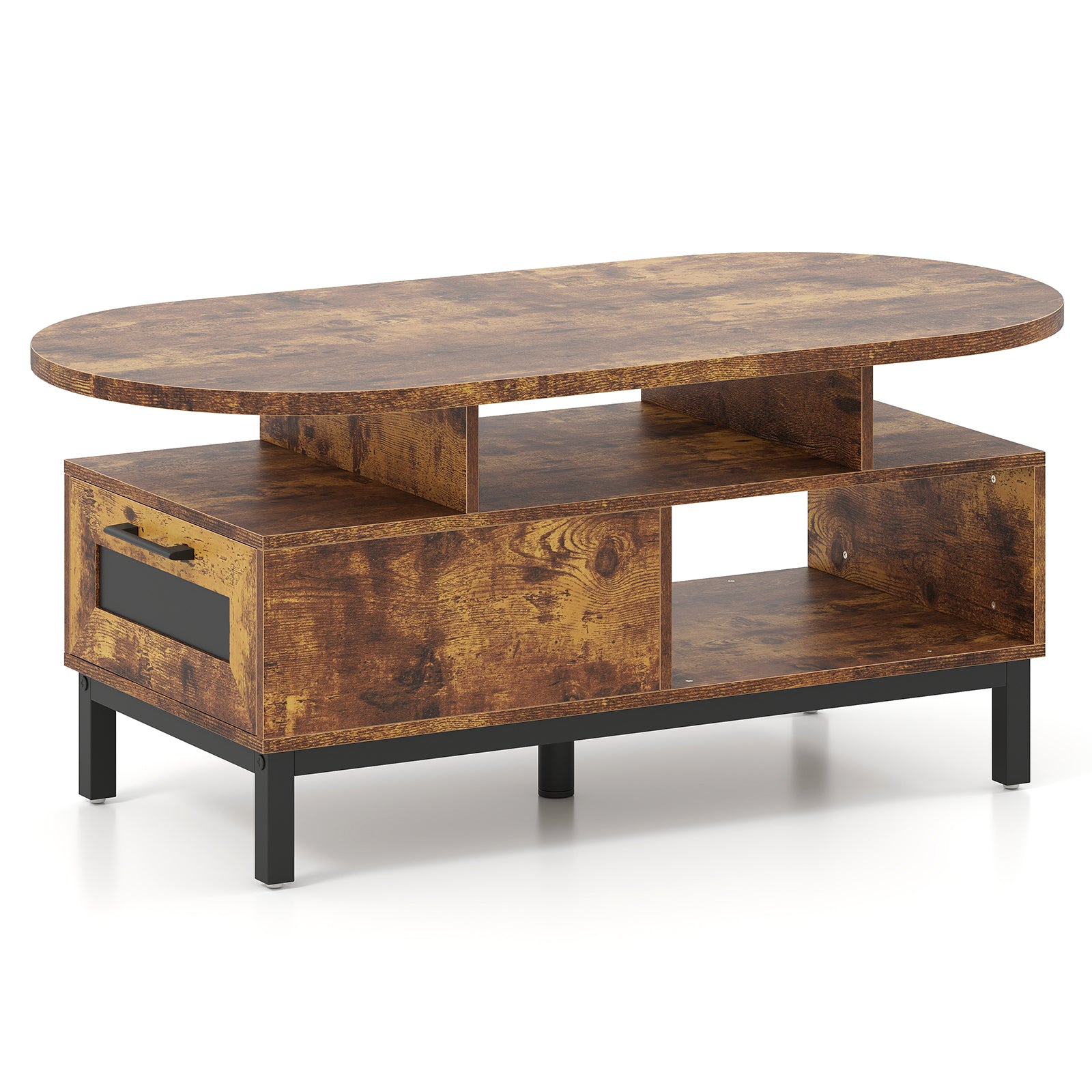 47 Inch Oval Coffee Table, Storage, Open Compartments, Rustic Brown Coffee Tables at Gallery Canada