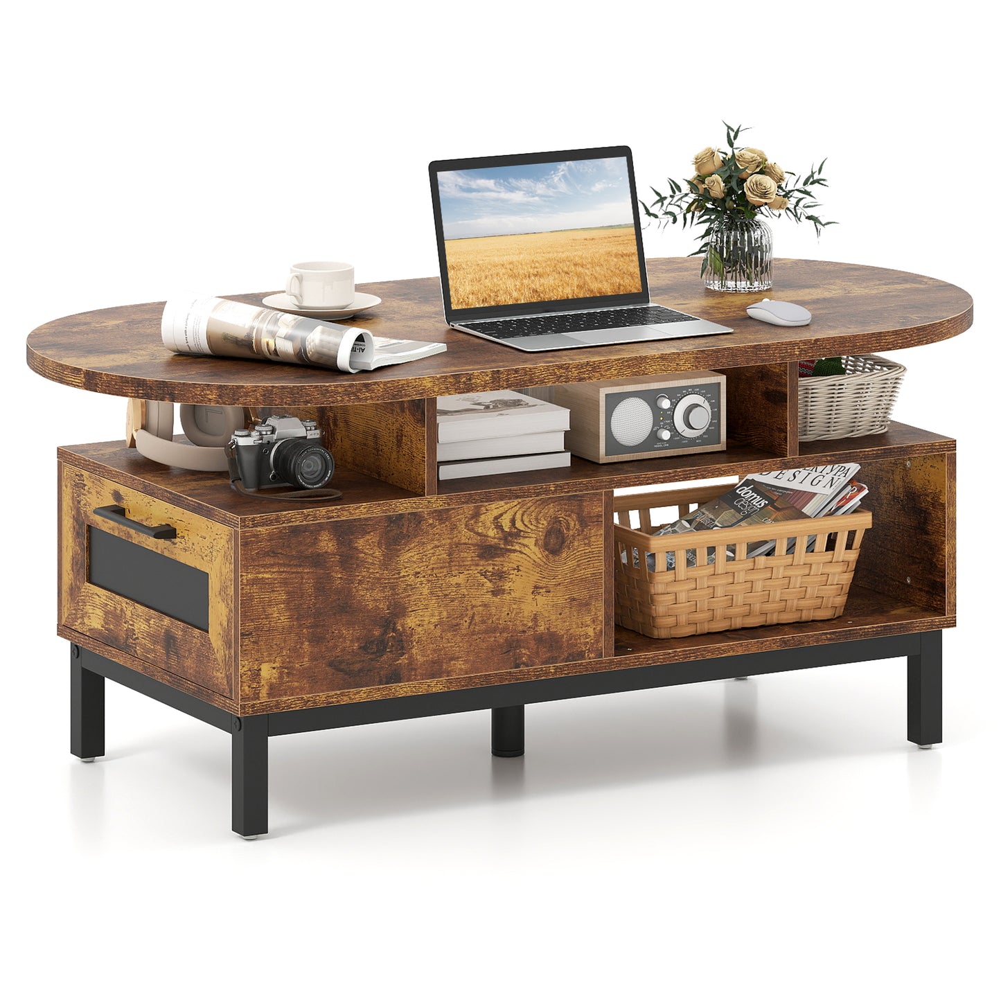 47 Inch Oval Coffee Table, Storage, Open Compartments, Rustic Brown Coffee Tables at Gallery Canada
