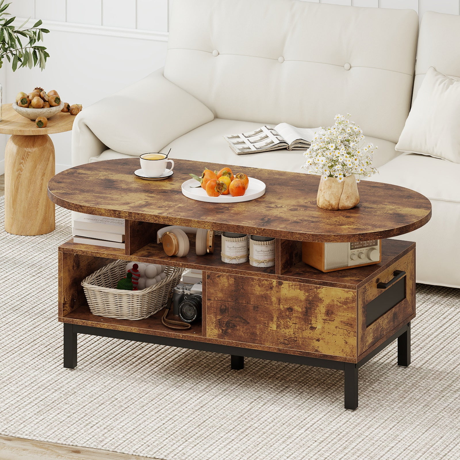 47 Inch Oval Coffee Table, Storage, Open Compartments, Rustic Brown Coffee Tables at Gallery Canada