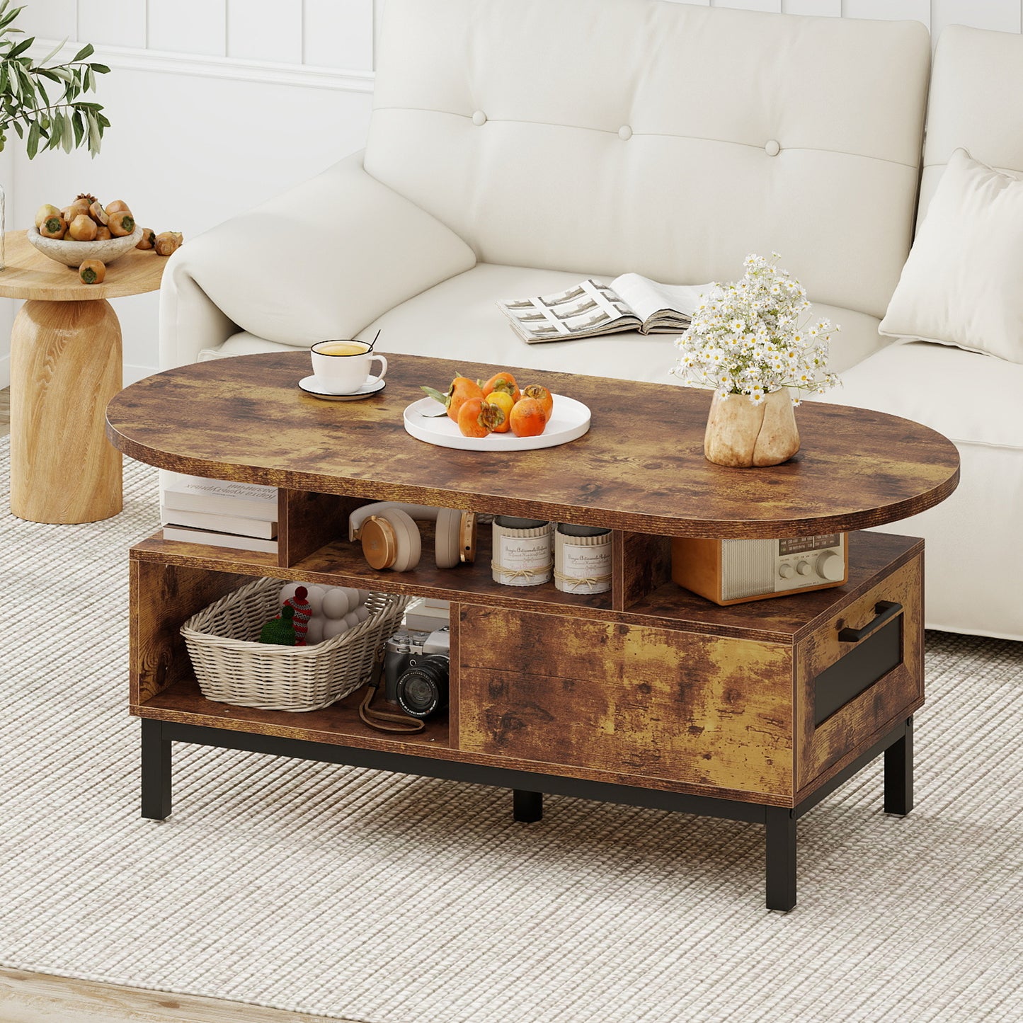 47 Inch Oval Coffee Table, Storage, Open Compartments, Rustic Brown Coffee Tables at Gallery Canada