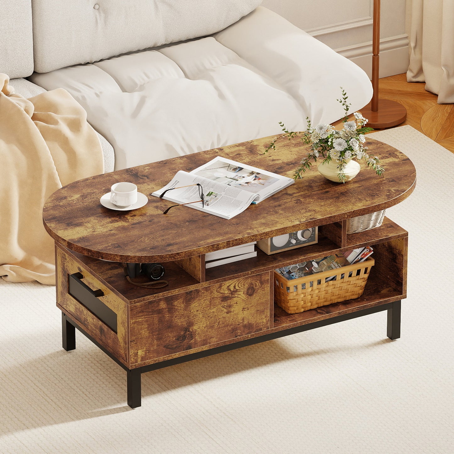 47 Inch Oval Coffee Table, Storage, Open Compartments, Rustic Brown Coffee Tables at Gallery Canada