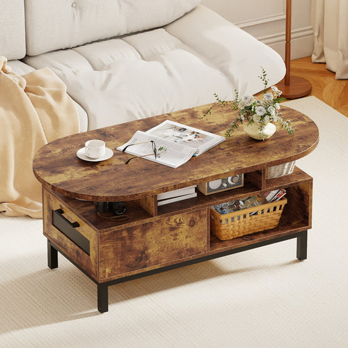 47 Inch Oval Coffee Table, Storage, Open Compartments, Rustic Brown