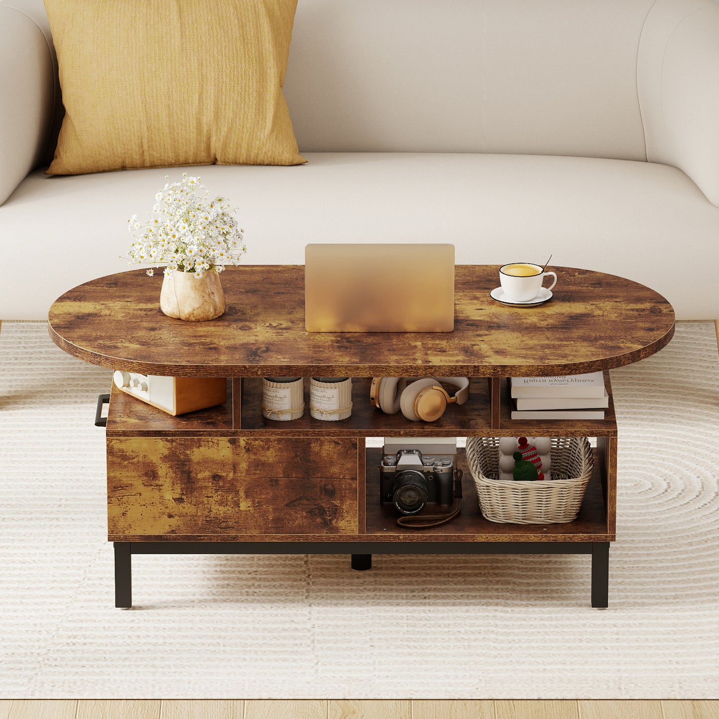 47 Inch Oval Coffee Table, Storage, Open Compartments, Rustic Brown Coffee Tables at Gallery Canada