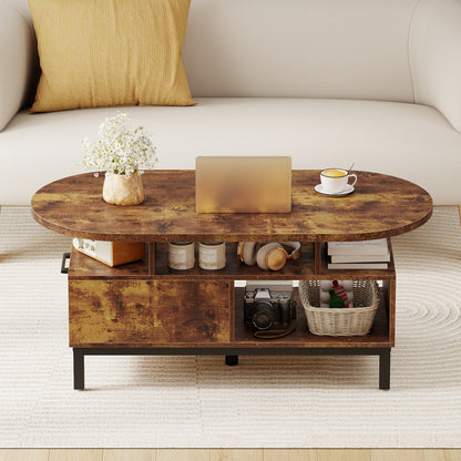 47 Inch Oval Coffee Table, Storage, Open Compartments, Rustic Brown Coffee Tables at Gallery Canada