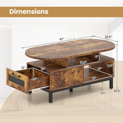 47 Inch Oval Coffee Table, Storage, Open Compartments, Rustic Brown Coffee Tables at Gallery Canada