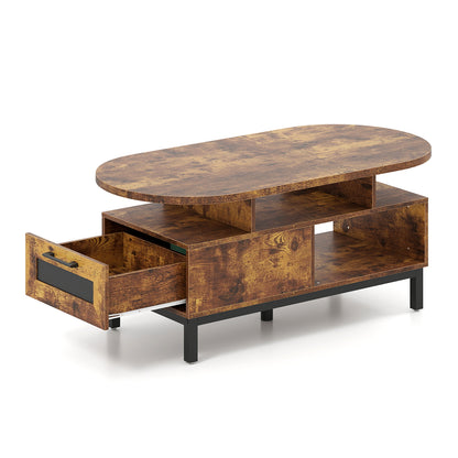 47 Inch Oval Coffee Table, Storage, Open Compartments, Rustic Brown Coffee Tables at Gallery Canada