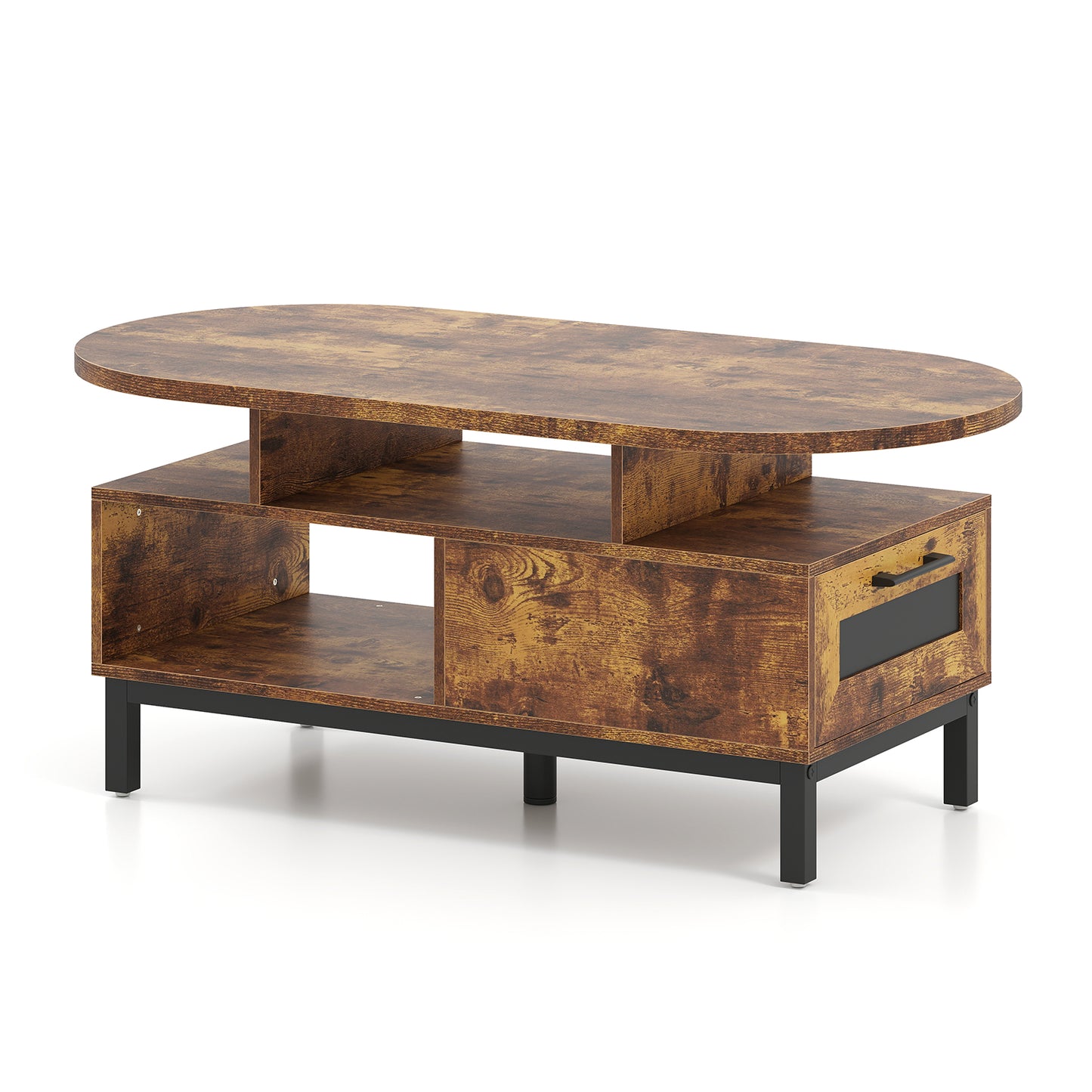 47 Inch Oval Coffee Table, Storage, Open Compartments, Rustic Brown Coffee Tables at Gallery Canada