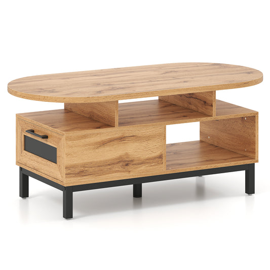 47 Inch Oval Coffee Table, Storage, Open Compartments, Living Room, Natural Coffee Tables Natural at Gallery Canada