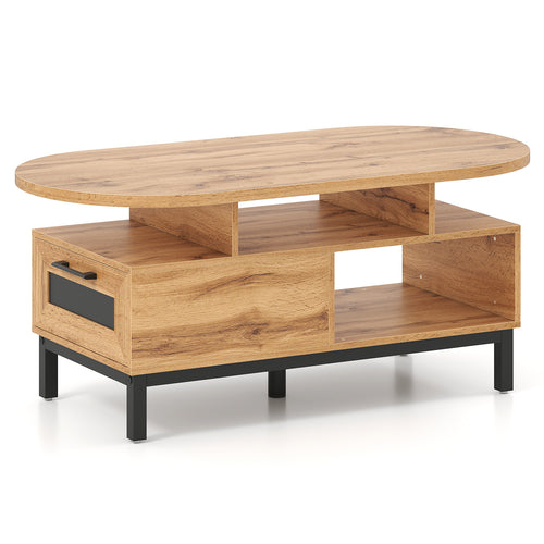 47 Inch Oval Coffee Table, Storage, Open Compartments, Living Room, Natural