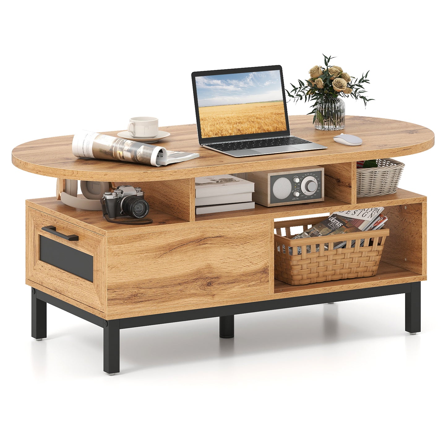 47 Inch Oval Coffee Table, Storage, Open Compartments, Living Room, Natural Coffee Tables at Gallery Canada