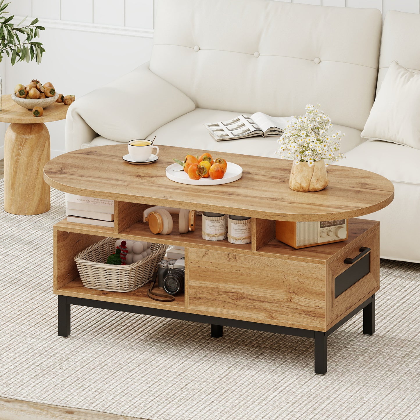 47 Inch Oval Coffee Table, Storage, Open Compartments, Living Room, Natural Coffee Tables at Gallery Canada