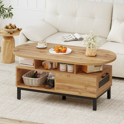 47 Inch Oval Coffee Table, Storage, Open Compartments, Living Room, Natural Coffee Tables at Gallery Canada