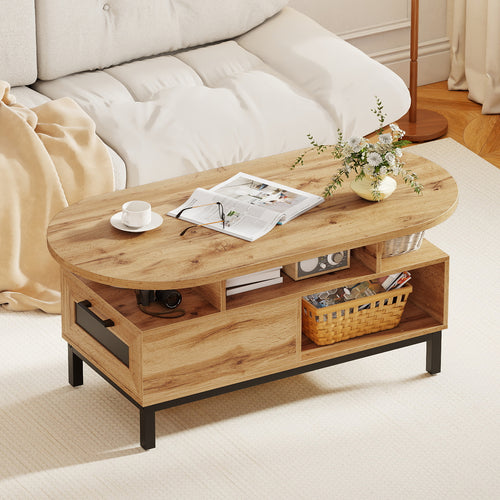 47 Inch Oval Coffee Table, Storage, Open Compartments, Living Room, Natural