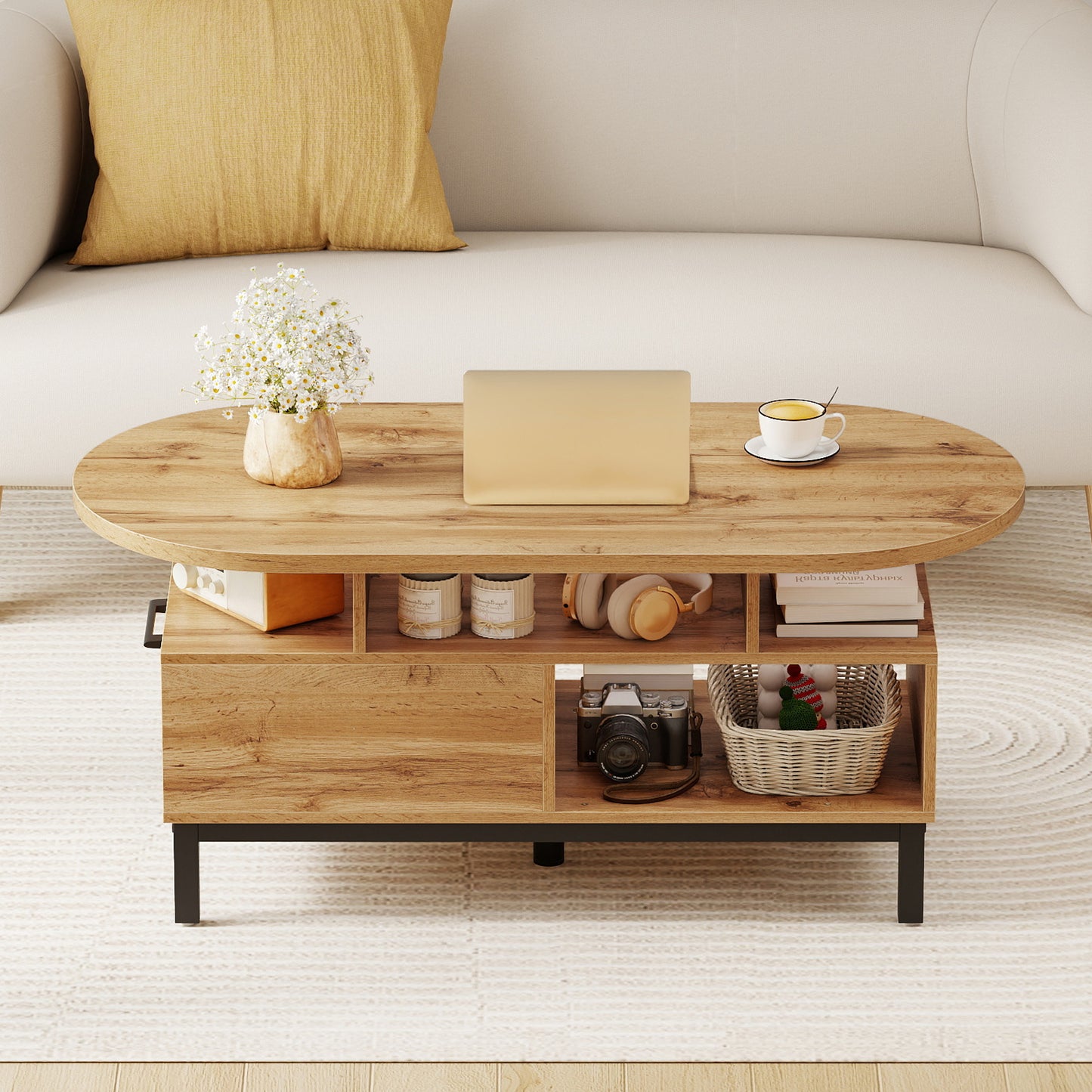 47 Inch Oval Coffee Table, Storage, Open Compartments, Living Room, Natural Coffee Tables at Gallery Canada