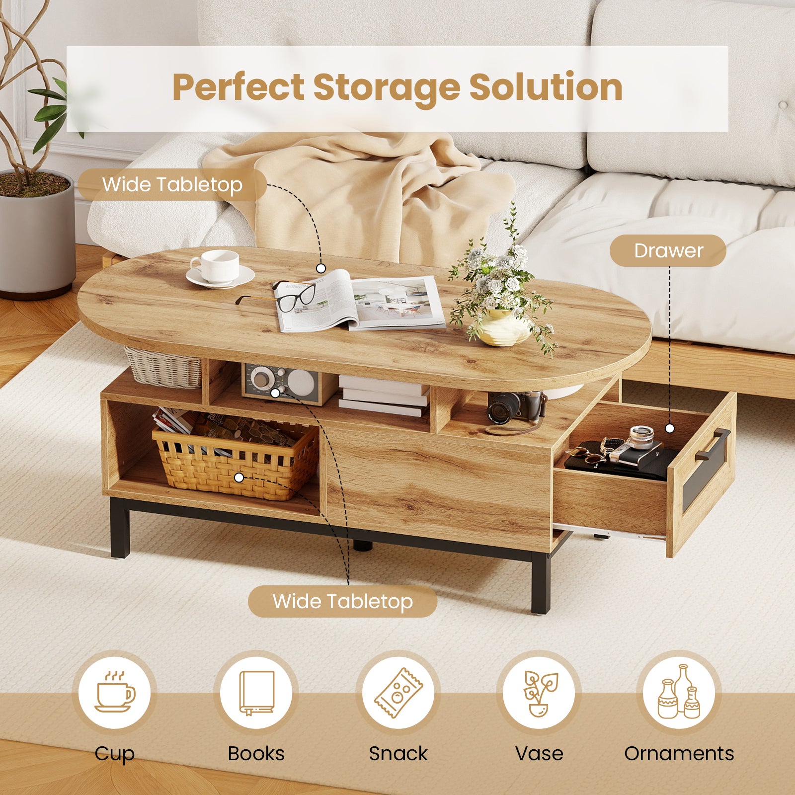 47 Inch Oval Coffee Table, Storage, Open Compartments, Living Room, Natural Coffee Tables at Gallery Canada