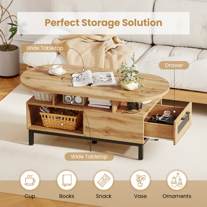 47 Inch Oval Coffee Table, Storage, Open Compartments, Living Room, Natural Coffee Tables at Gallery Canada
