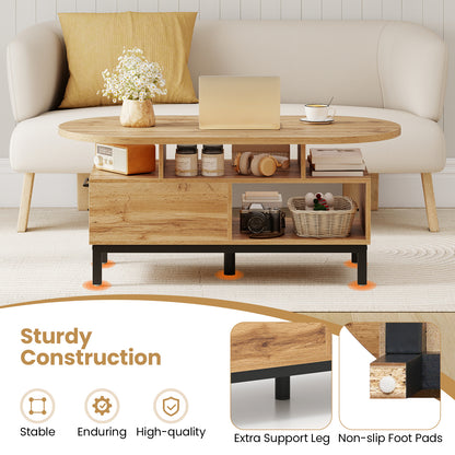 47 Inch Oval Coffee Table, Storage, Open Compartments, Living Room, Natural Coffee Tables at Gallery Canada