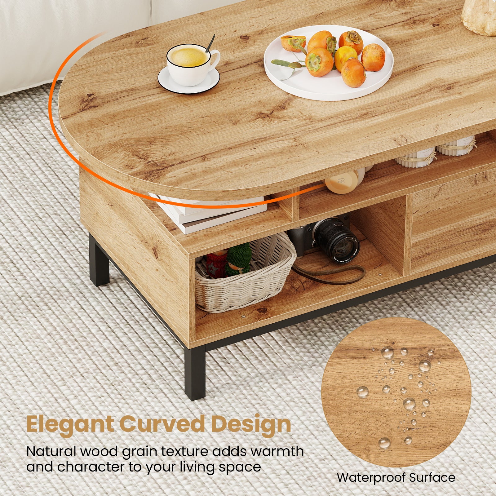 47 Inch Oval Coffee Table, Storage, Open Compartments, Living Room, Natural Coffee Tables at Gallery Canada