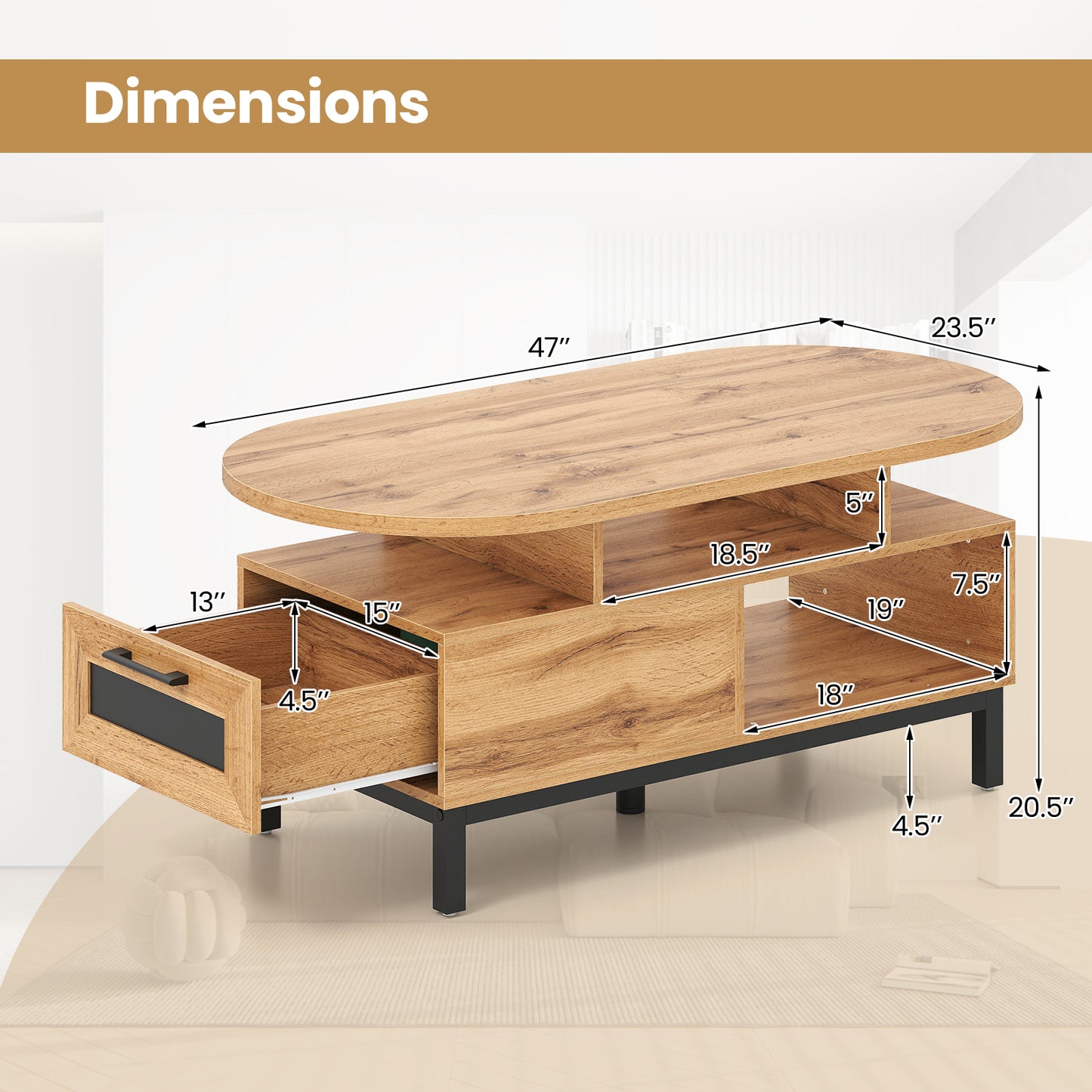 47 Inch Oval Coffee Table, Storage, Open Compartments, Living Room, Natural Coffee Tables at Gallery Canada