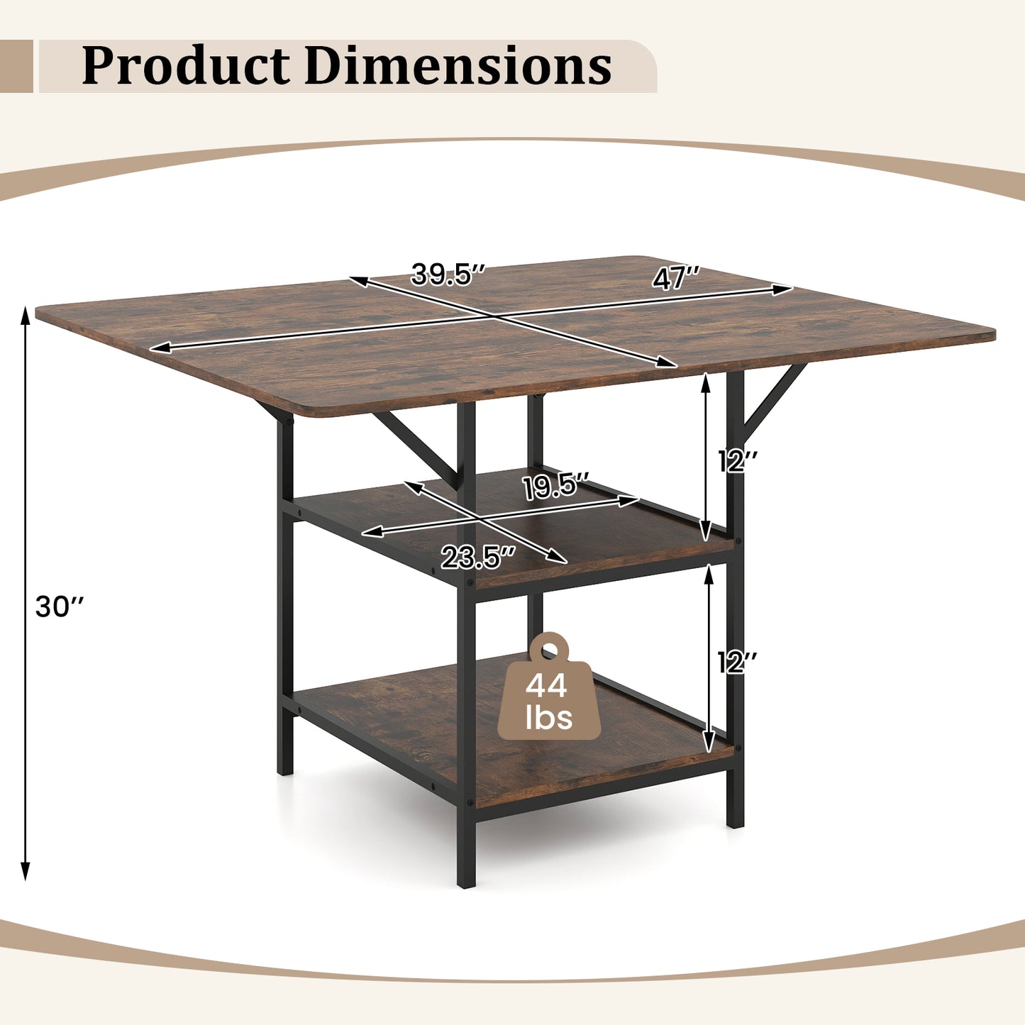 47 Inch Rectangular Dining Table, 2 Storage Shelves, Brown Dining Tables at Gallery Canada
