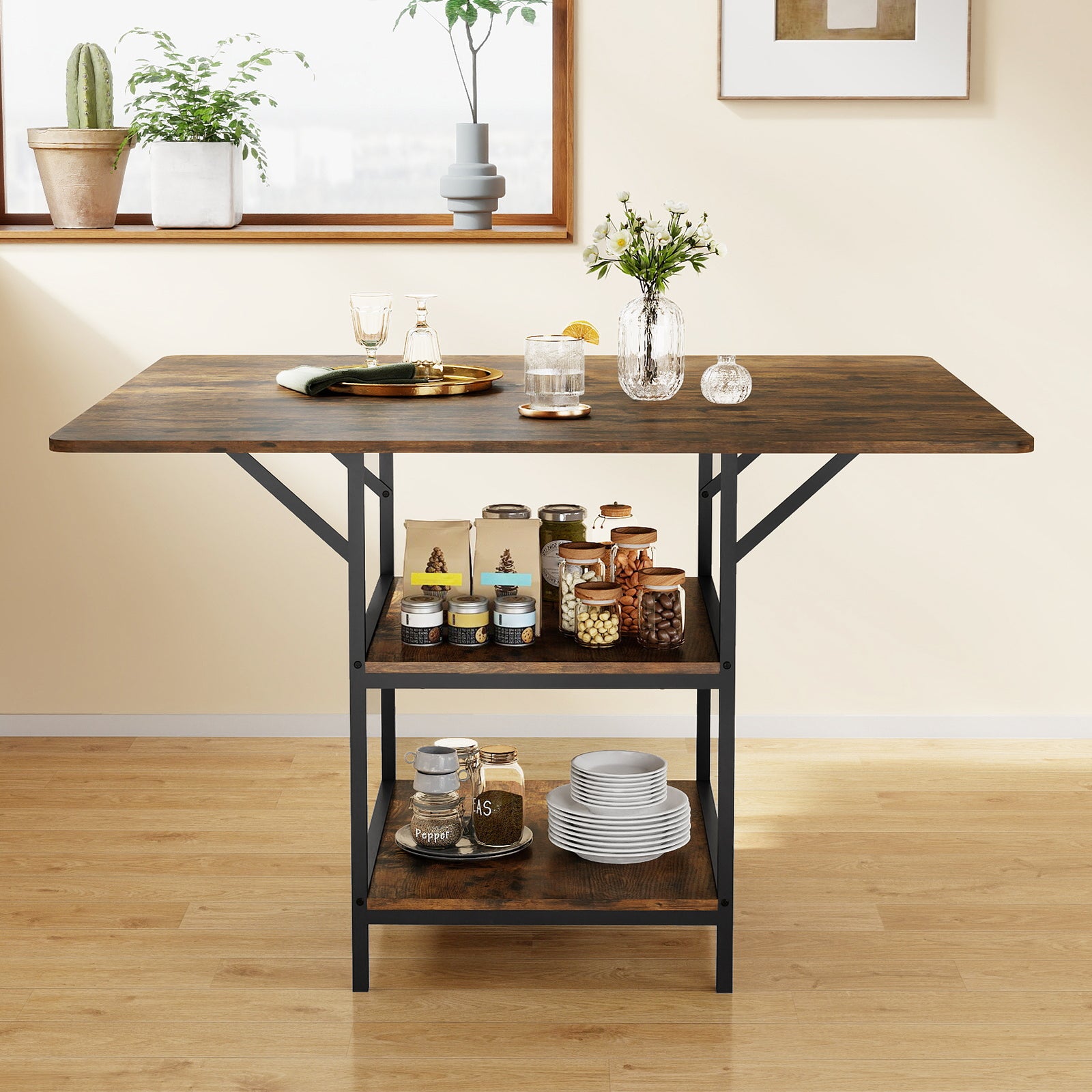 47 Inch Rectangular Dining Table, 2 Storage Shelves, Brown Dining Tables at Gallery Canada